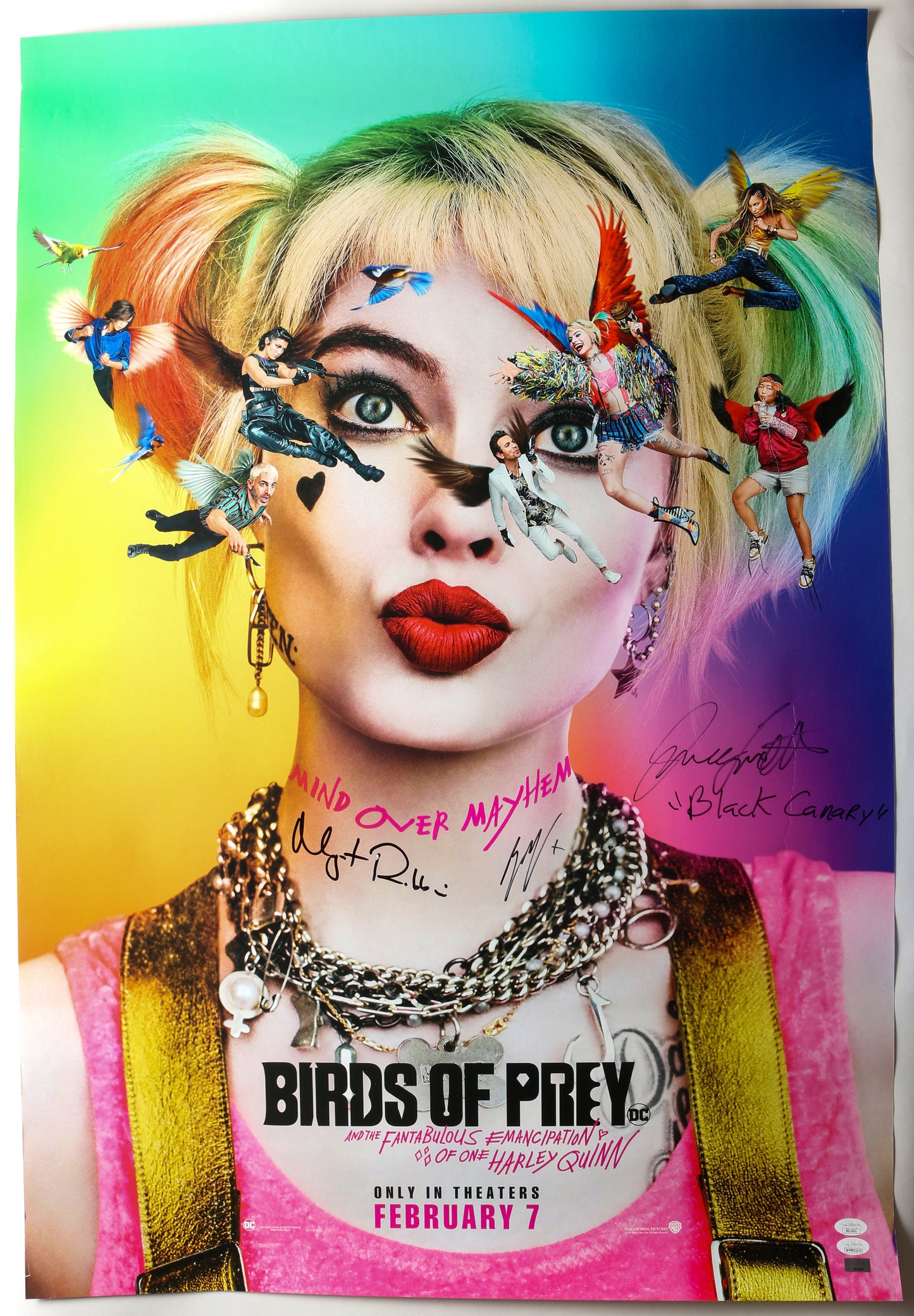 
                  
                    Birds of Prey (and the Fantabulous Emancipation of One Harley Quinn) 27x40 Poster Cast Signed by Margot Robbie, Ewan McGregor, & Jurnee Smollett-Bell
                  
                