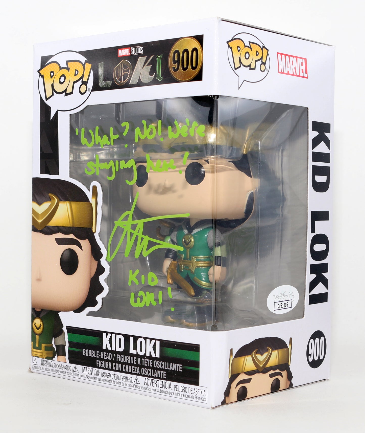 
                  
                    Jack Veal as Kid Loki in Loki (JSA) Signed Funko POP! #900 with Character Name & Quote
                  
                