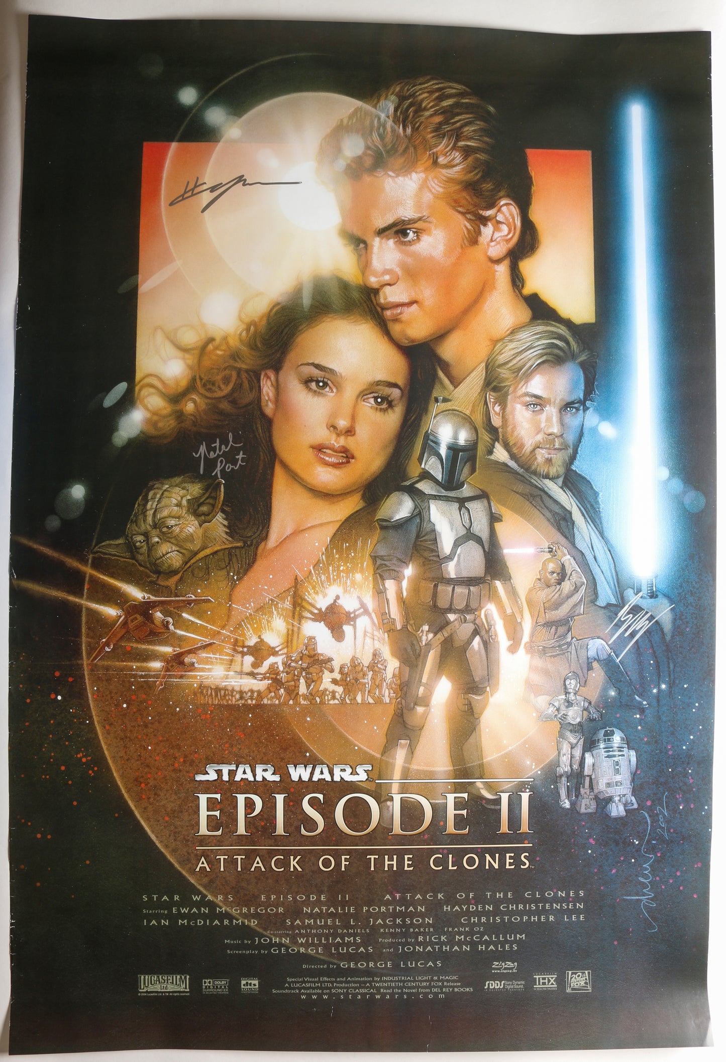 
                  
                    Star Wars Episode II: Attack of the Clones 27x40 Poster (SWAU) Cast Signed by Ewan McGregor, Natalie Portman, & Hayden Christensen
                  
                