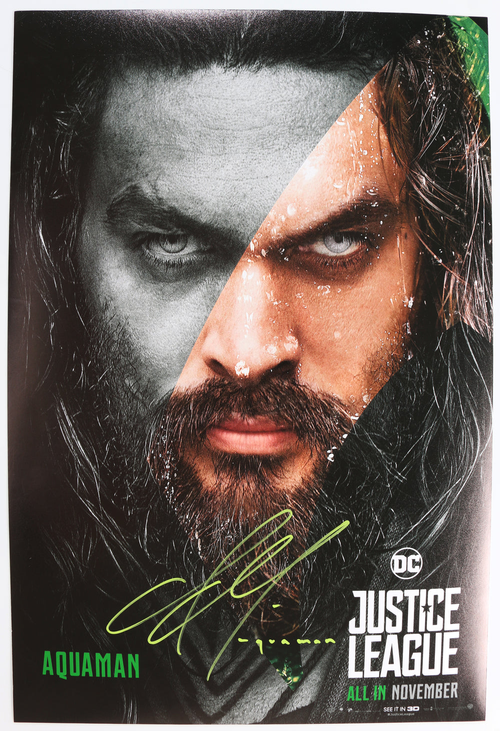 Jason Momoa as Aquaman in Justice League Signed 12x18 Mini Poster with Character Name