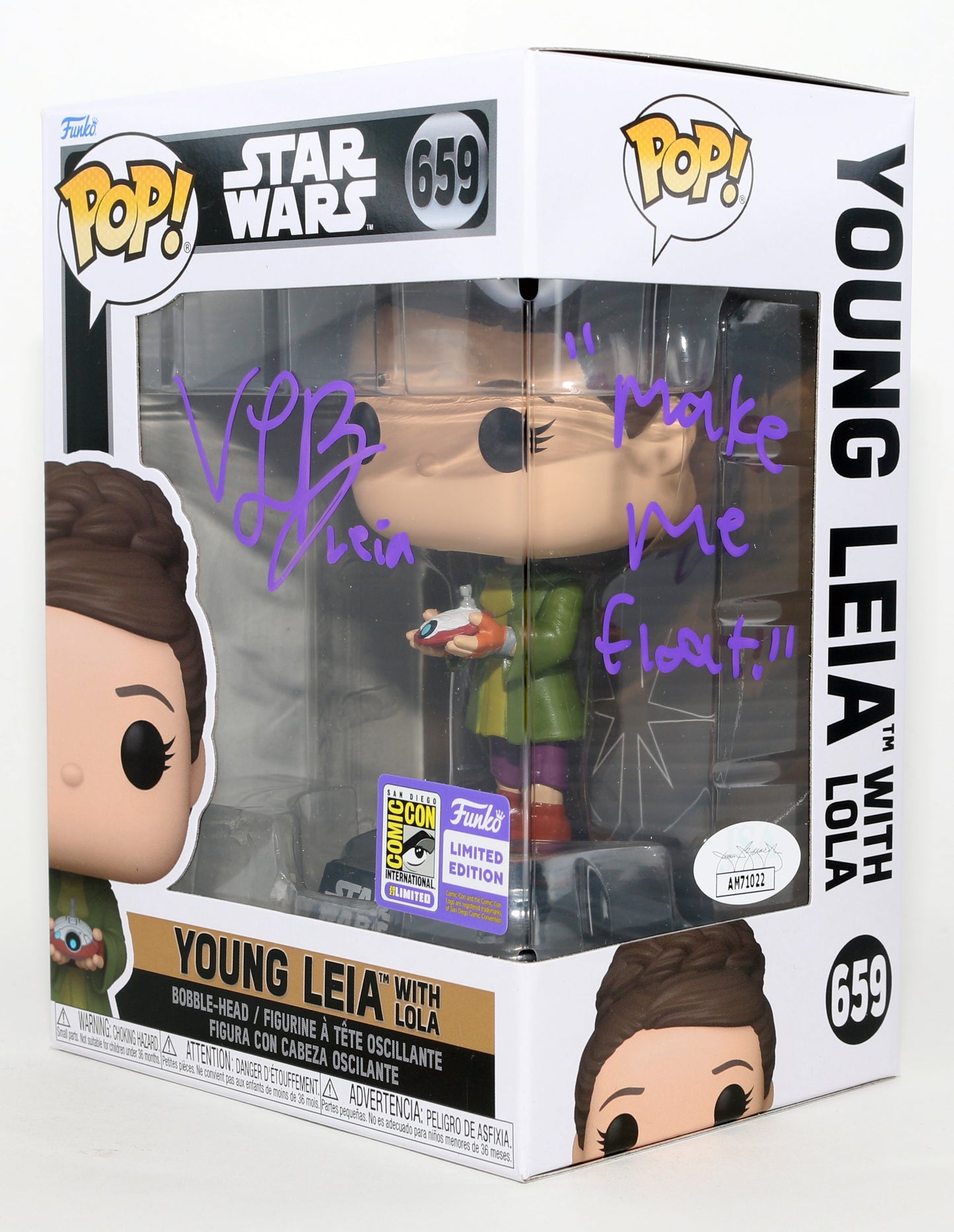 
                  
                    Vivien Lyra Blair as Young Princess Leia with Lola in Star Wars: Obi-Wan Kenobi SDCC 2023 Limited Edition (JSA) Signed Funko POP! #659 with Character Name & Quote
                  
                