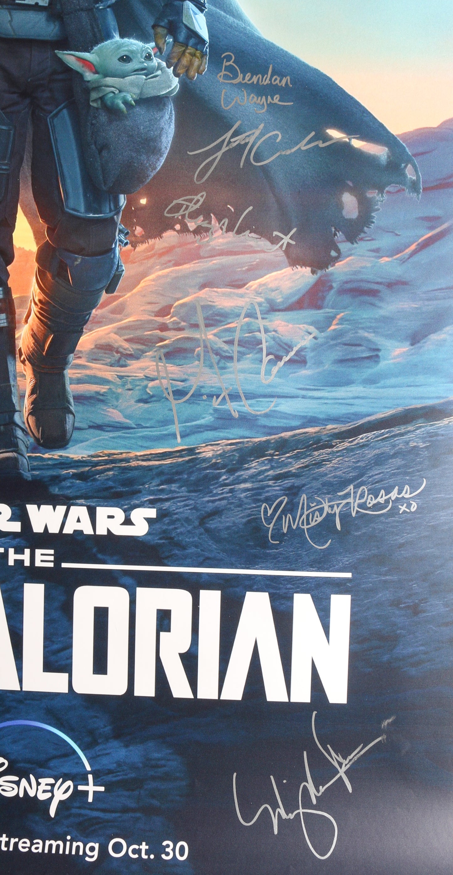
                  
                    Star Wars: The Mandalorian 27x40 Poster (SWAU) Cast Signed by Lateef Crowder, Brendan Wayne, Bill Burr, Gina Carano, Misty Rosas, Chris Bartlett, Timothy Olyphant, & Ming-Na Wen
                  
                