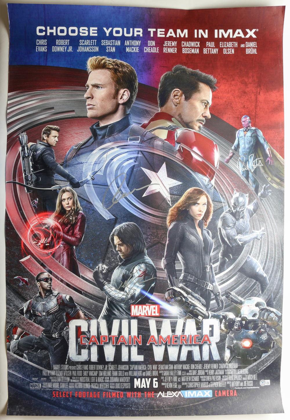 Captain America: Civil War 27x40 Poster (Beckett Witnessed) Cast Signed by Chris Evans, Sebastian Stan, & Paul Bettany