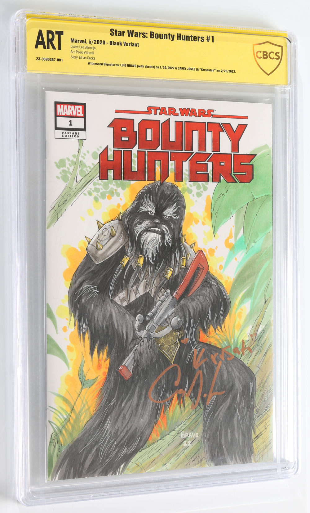 Star Wars: Bounty Hunters #1 Blank Variant - Signed by Carey Jones as Krrsantan with Character Name & Original Artwork by Luis Bravo (CBCS Witnessed Signature & ART) 2020