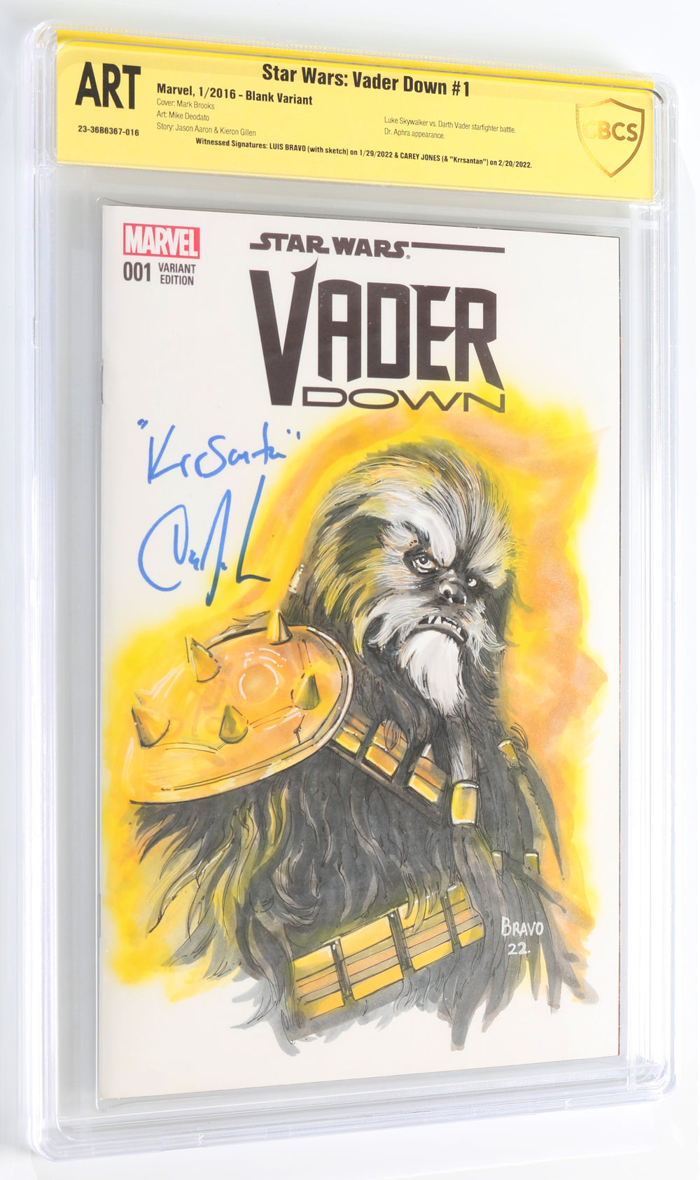 Star Wars: Vader Down #1 Blank Variant - Signed by Carey Jones as Krrsantan with Character Name & Original Artwork by Luis Bravo (CBCS Witnessed Signature & ART) 2016