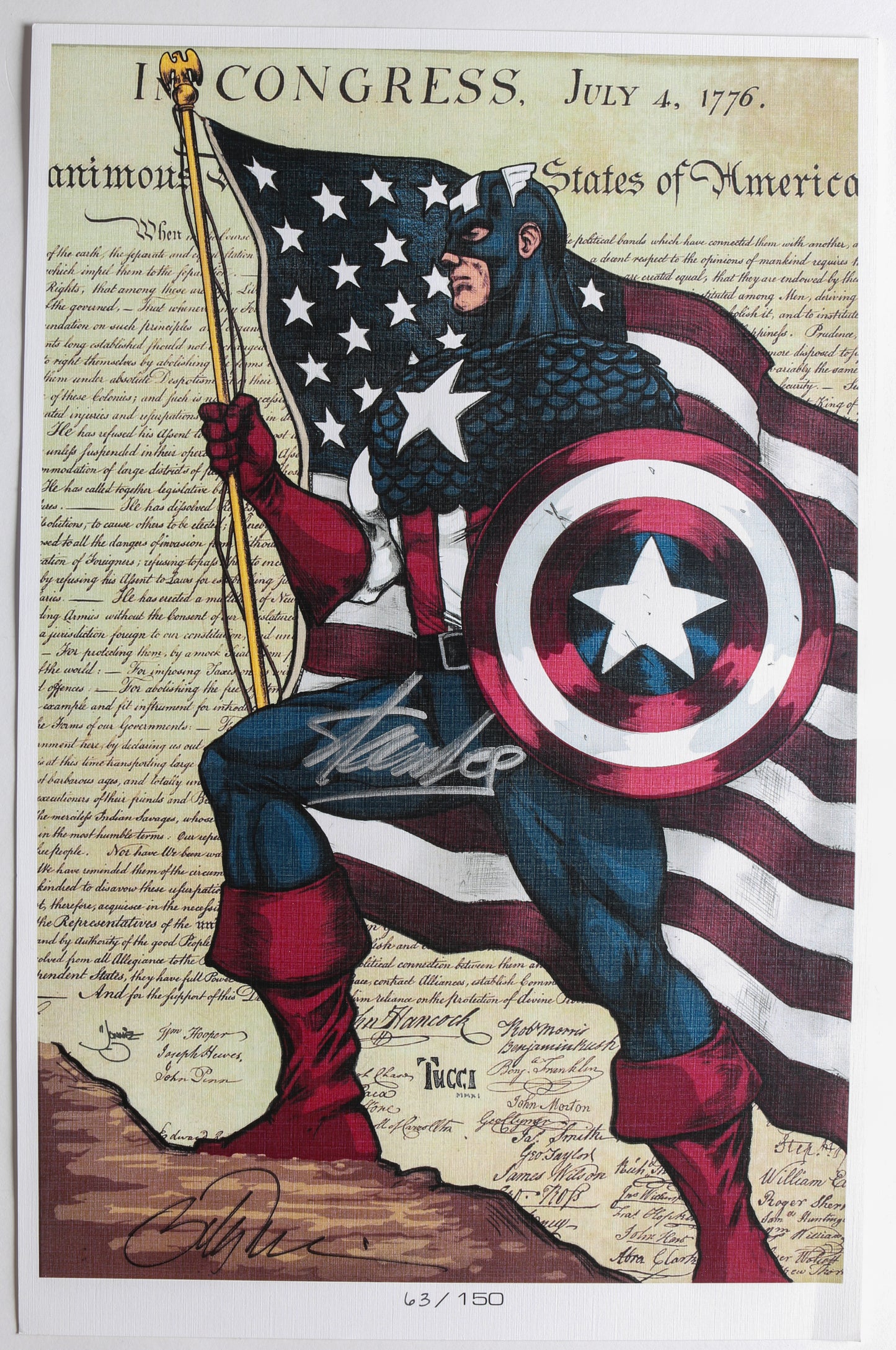 
                  
                    Captain America 11x17 Print Limited Edition #63 / 150 Signed by Artist Billy Tucci and Marvel Creator Stan Lee
                  
                