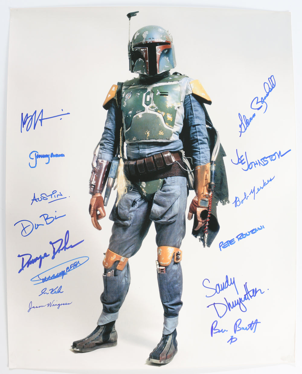 Boba Fett from Star Wars: The Empire Strikes Back 16x20 Photo (SWAU) Signed by Jeremy Bulloch, Jason Wingreen, Nilo Rodis-Jamero, Mark Austin, Don Bies, Dicky Beer, Ira Keeler, Glenn Randall, Bob Yerkes, Pete Ronzani, Ben Burtt, & Joe Johnston