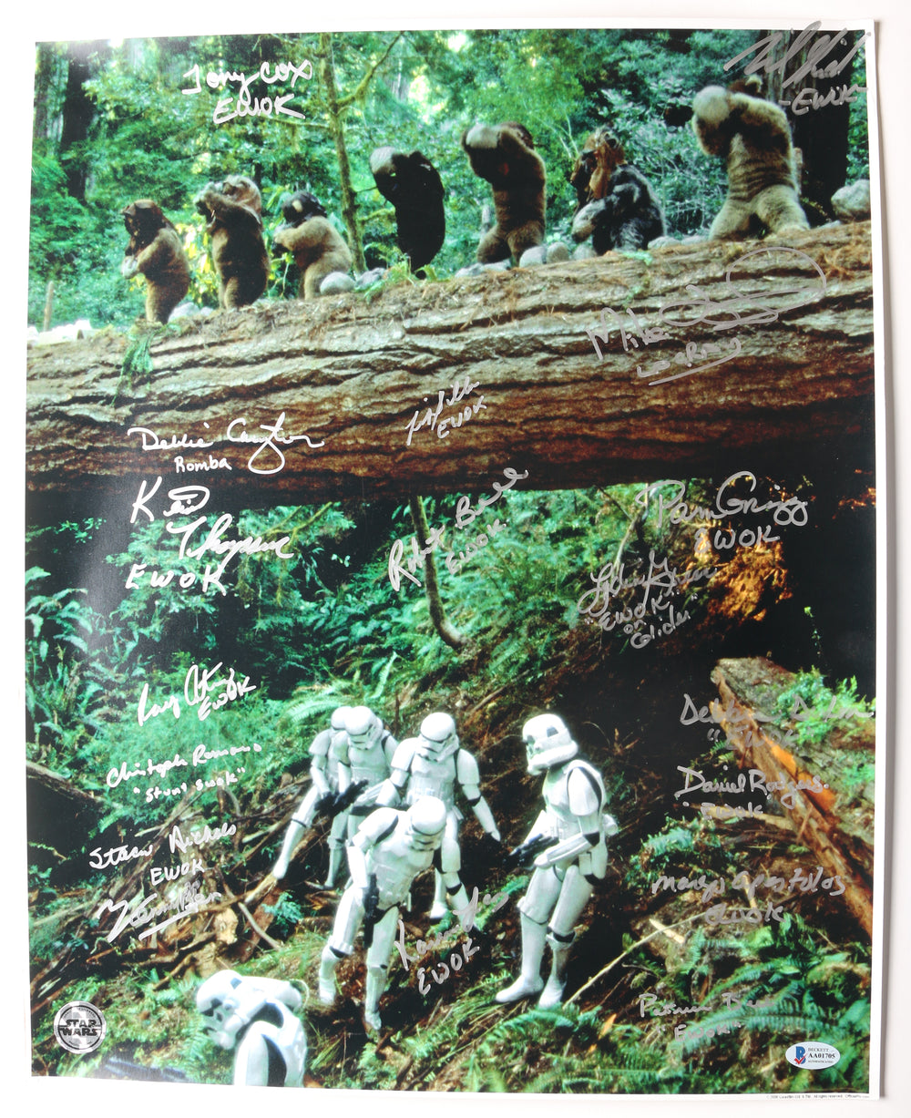 Star Wars: Return of the Jedi Ewok Battle of Endor 16x20 (Official Pix) Photo Cast Signed by Tony Cox, Kevin Thompson, Debbie Carrington, Felix Silla, Mike Edmonds, Margo Apostolos, Kenny Baker, +11