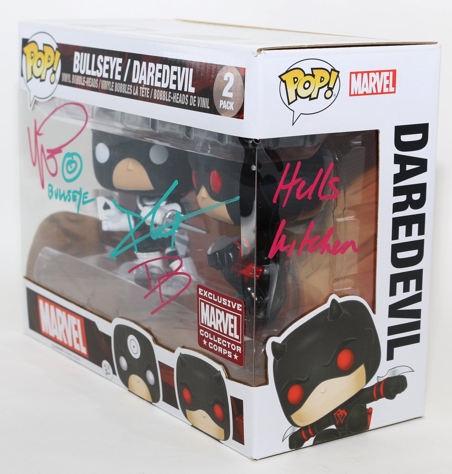 
                  
                    Charlie Cox as Daredevil & Wilson Bethel as Bullseye in Daredevil Marvel Collector Corps Exclusive (JSA) Signed Funko POP! 2-Pack with Character Names & Quote
                  
                