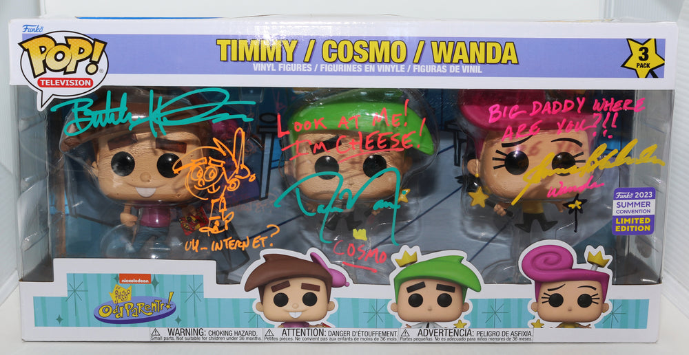 Daran Norris as Cosmo, Susanne Blakeslee as Wanda, & Butch Hartman the Creator of The Fairly OddParents 2023 Summer Con LE (JSA) Signed Funko POP! 3-Pack with Character Names, Quotes, & Sketch Art Drawing