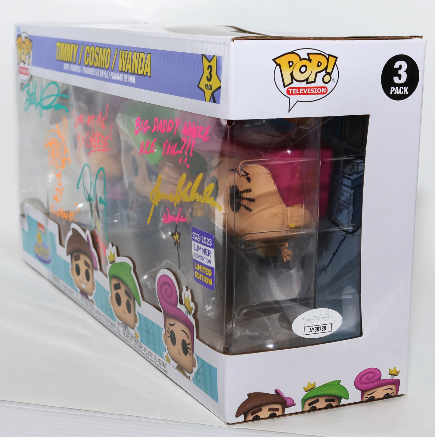 
                  
                    Daran Norris as Cosmo, Susanne Blakeslee as Wanda, & Butch Hartman the Creator of The Fairly OddParents 2023 Summer Con LE (JSA) Signed Funko POP! 3-Pack with Character Names, Quotes, & Sketch Art Drawing
                  
                
