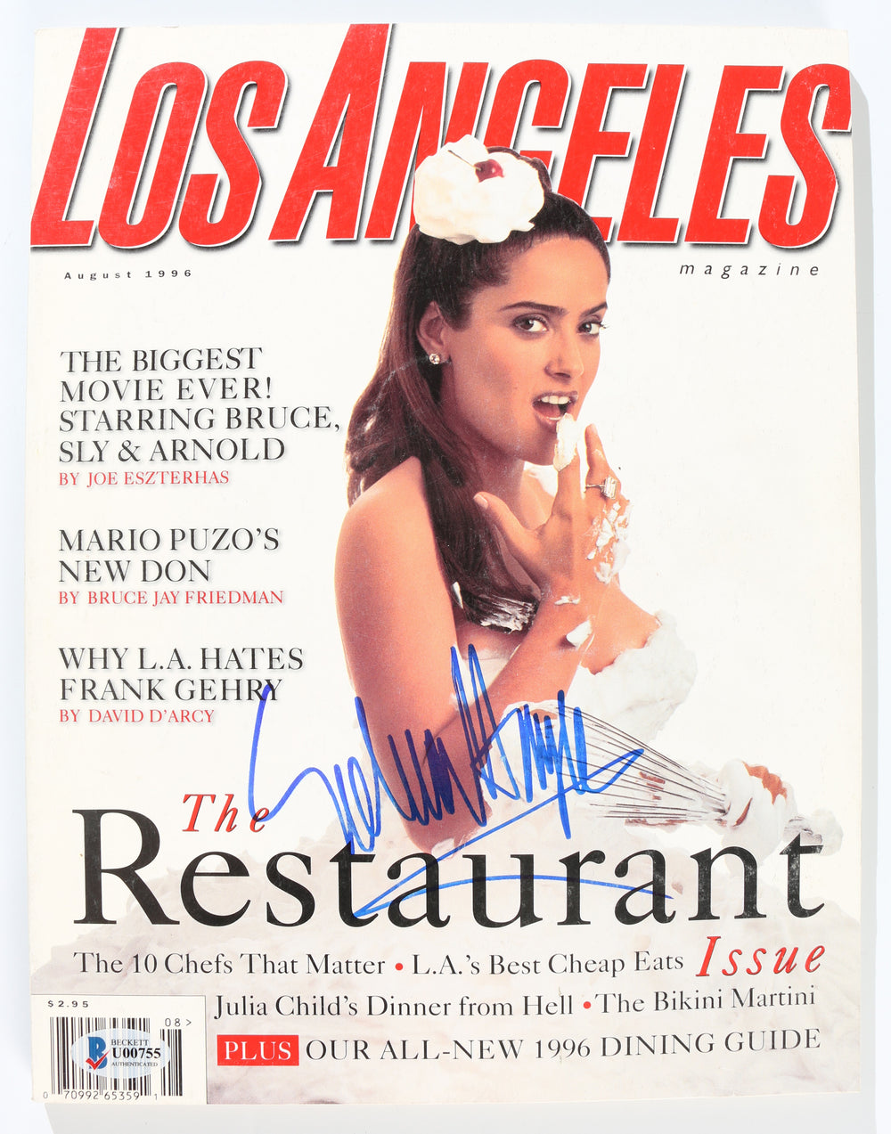 Salma Hayek from Frida, From Dusk till Dawn, & The Eternals (Beckett) Signed 8x11 Los Angeles Magazine