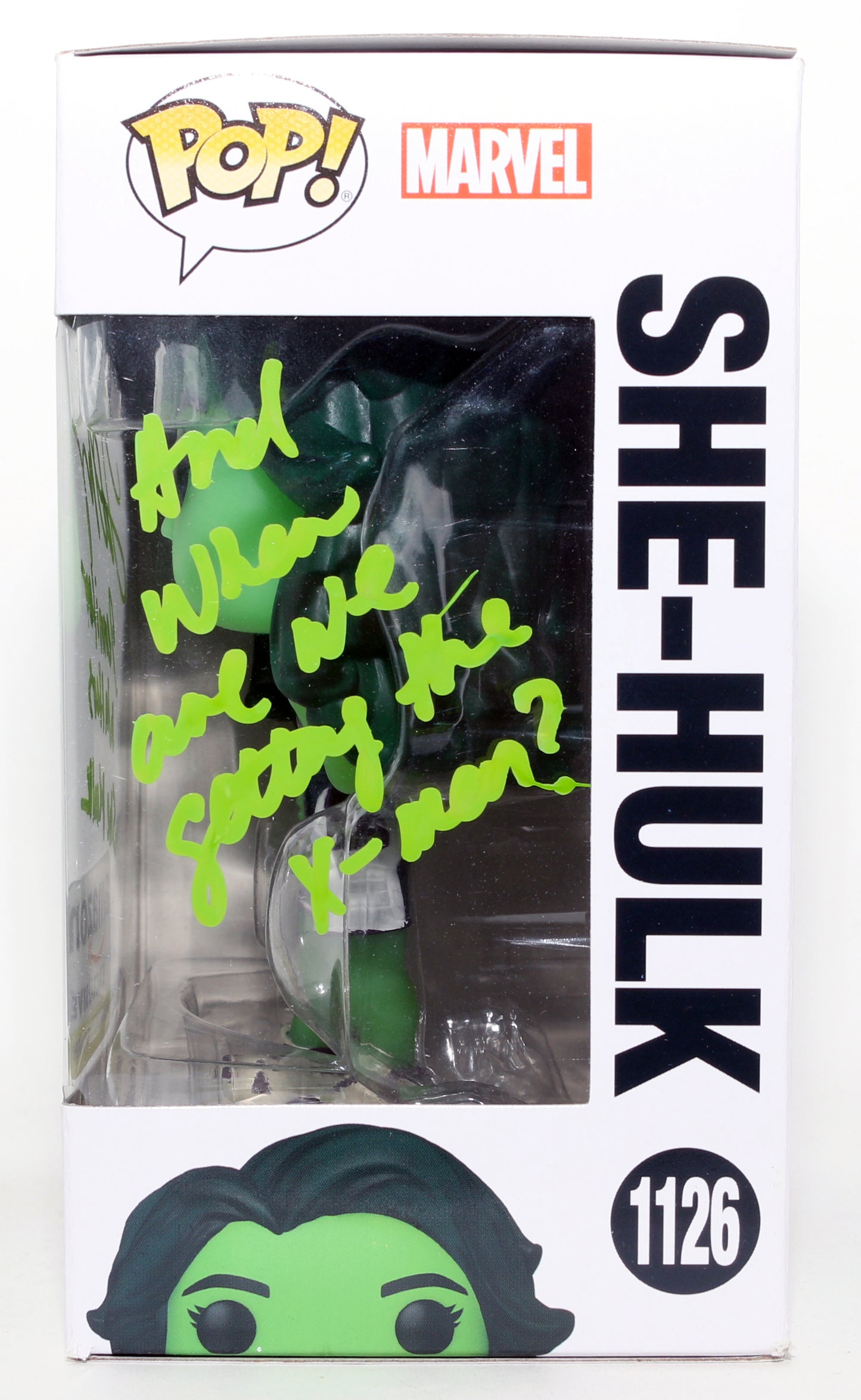 
                  
                    Tatiana Maslany as She-Hulk in She-Hulk: Attorney at Law GITD Amazon Exclusive Signed Funko POP! #1126 with Character Name & Quote
                  
                