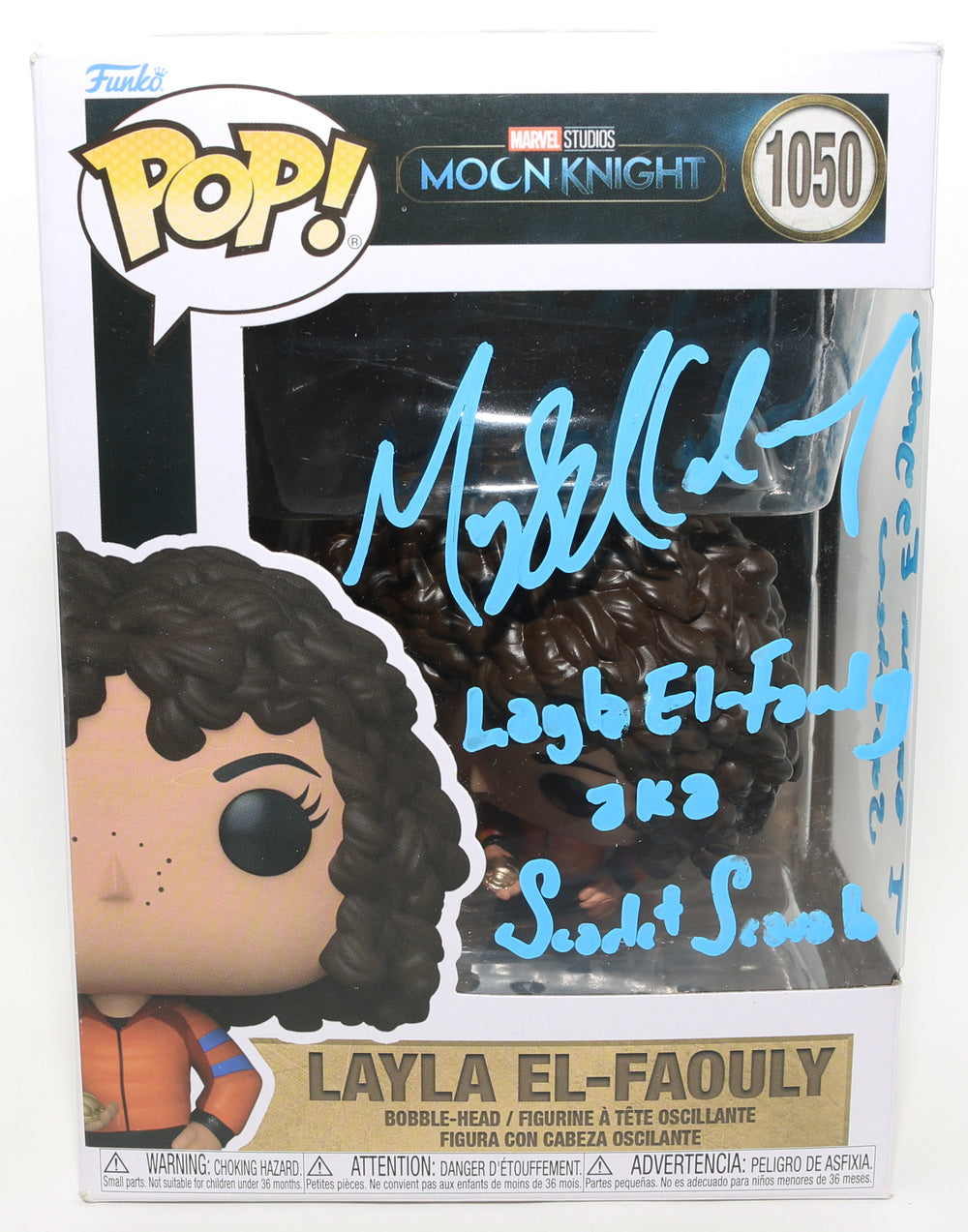 May Calamawy as  Layla El-Faouly / Scarlet Scarab in Moon Knight Signed Funko POP! #1050 with Character Name and Quote
