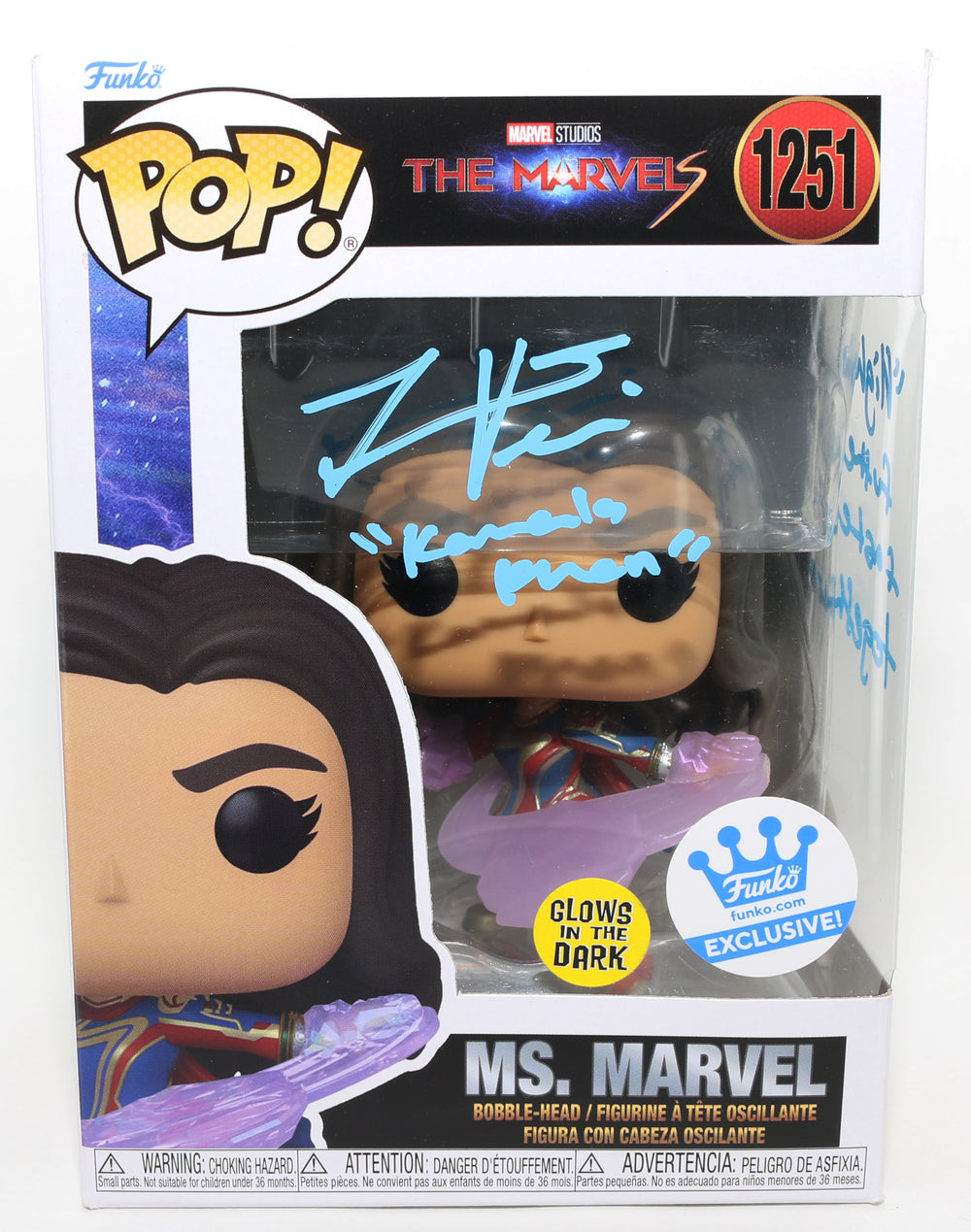 Iman Vellani as Ms. Marvel in The Marvels GITD Funko Store Exclusive (JSA) Signed Funko POP! #1251 with Character Name & Quote