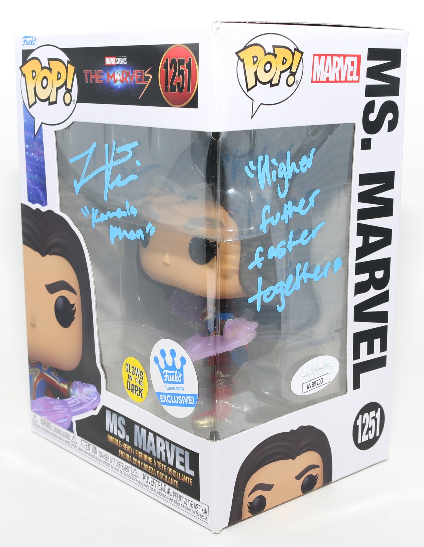 
                  
                    Iman Vellani as Ms. Marvel in The Marvels GITD Funko Store Exclusive (JSA) Signed Funko POP! #1251 with Character Name & Quote
                  
                