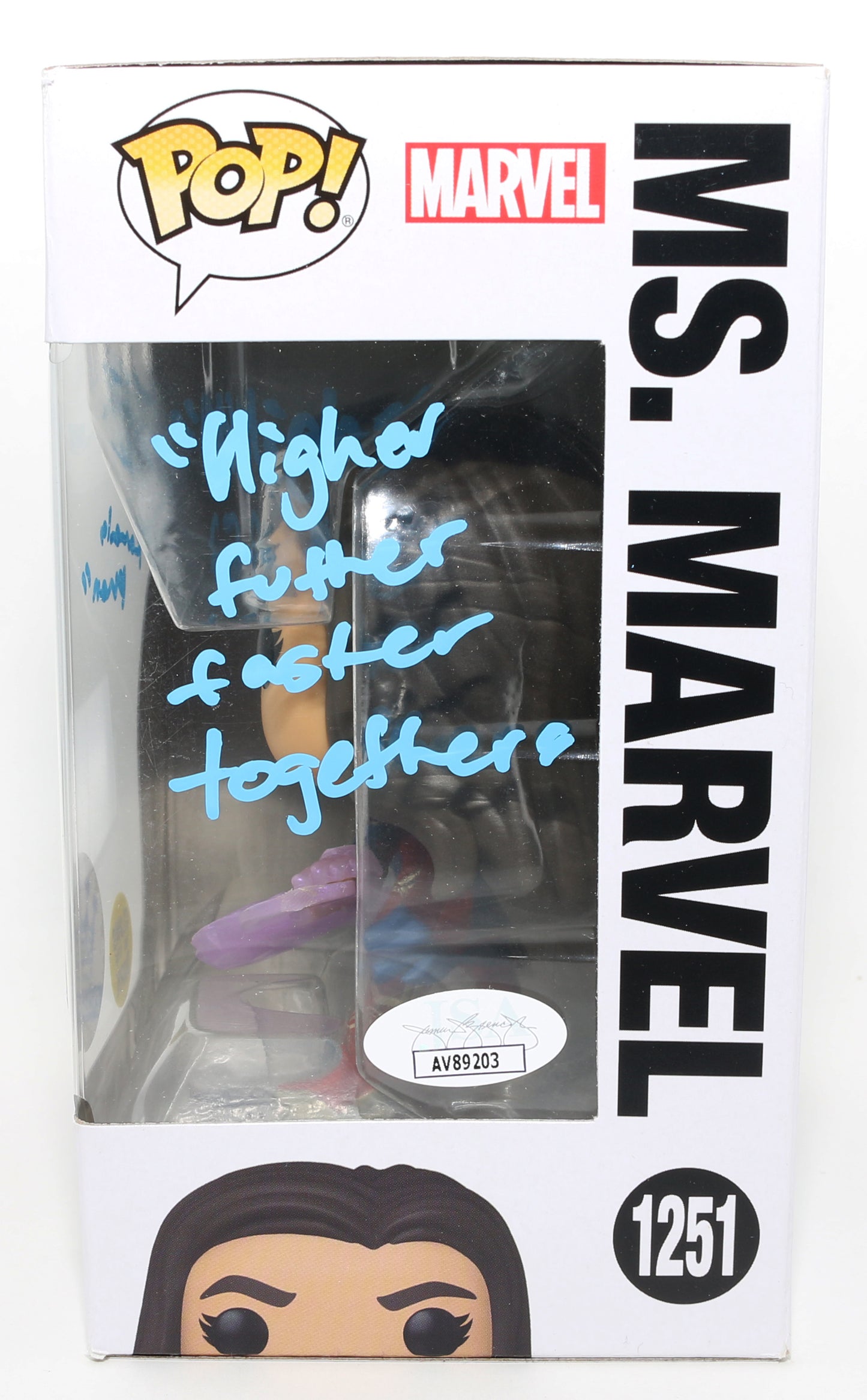
                  
                    Iman Vellani as Ms. Marvel in The Marvels GITD Funko Store Exclusive (JSA) Signed Funko POP! #1251 with Character Name & Quote
                  
                