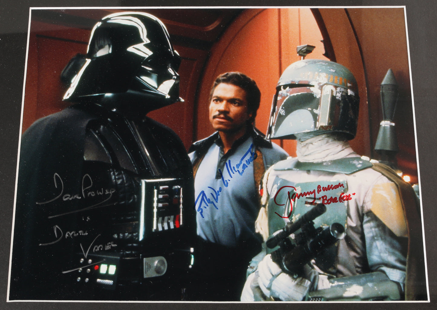 
                  
                    Dave Prowse as Darth Vader, Billy Dee Williams as Lando, & Jeremy Bulloch as Boba Fett in Star Wars: The Empire Strikes Back Framed Signed 11x14 Photo
                  
                