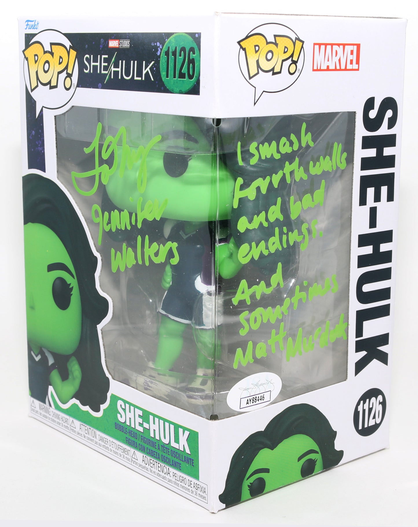 
                  
                    Tatiana Maslany as She-Hulk [Jumpsuit] in She-Hulk (JSA) Signed Funko POP! #1126 with Character Name & Quote
                  
                