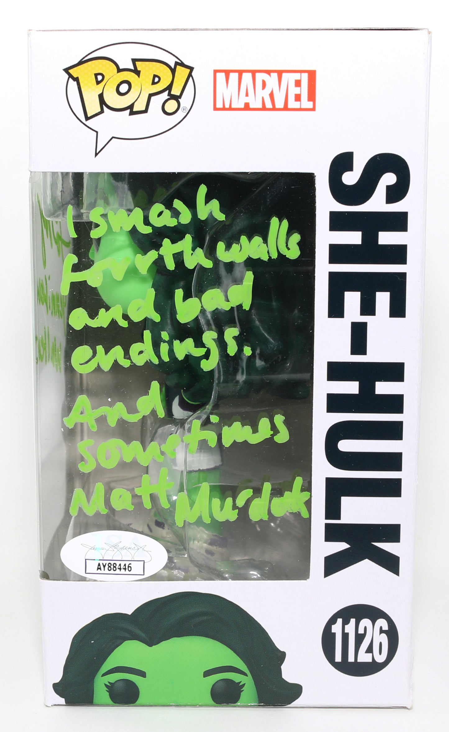 
                  
                    Tatiana Maslany as She-Hulk [Jumpsuit] in She-Hulk (JSA) Signed Funko POP! #1126 with Character Name & Quote
                  
                