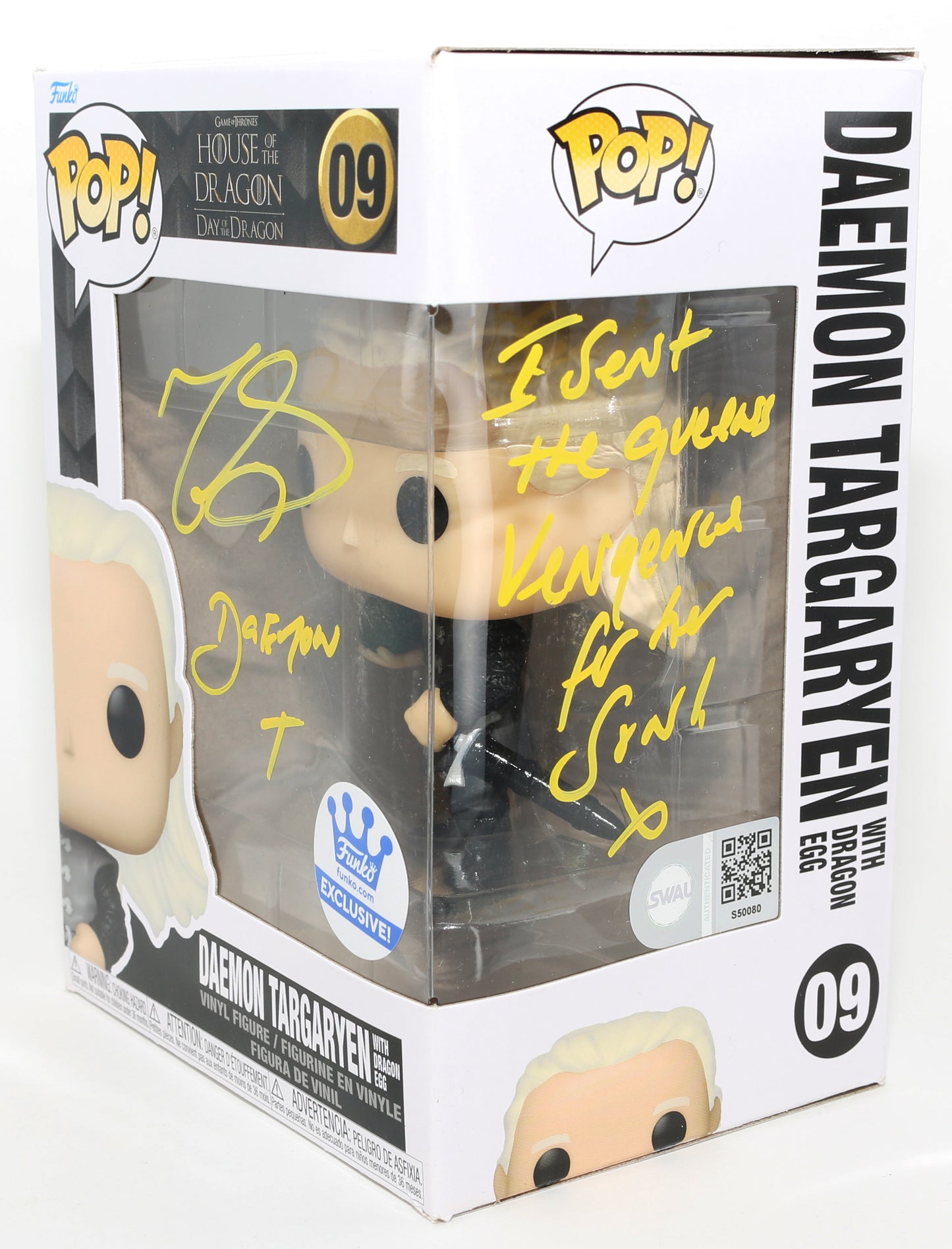 
                  
                    Matt Smith as Daemon Targaryen in HBO's House of the Dragon Funko Store Exclusive (SWAU) Signed Funko POP! #09 with Character Name & Quote
                  
                