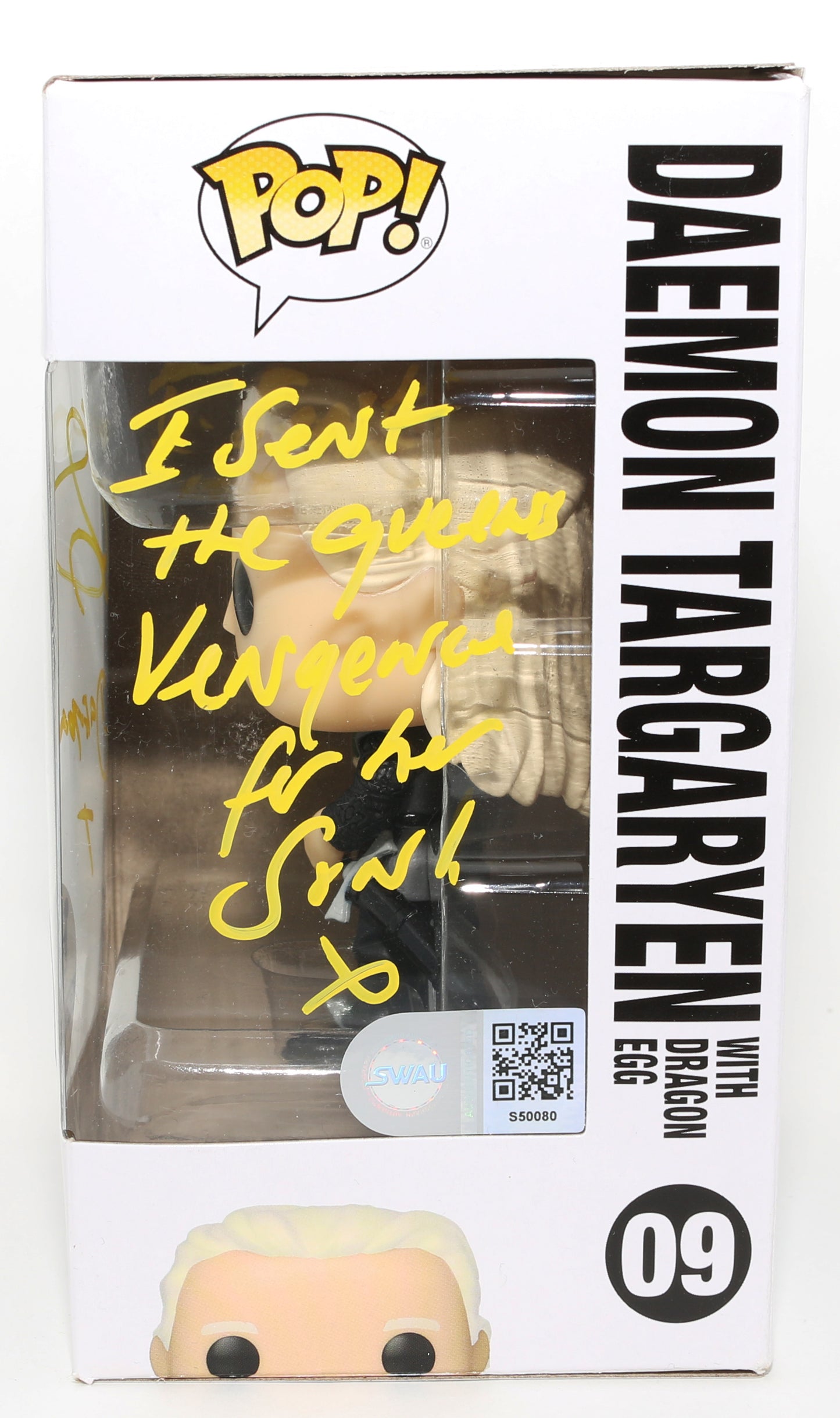 
                  
                    Matt Smith as Daemon Targaryen in HBO's House of the Dragon Funko Store Exclusive (SWAU) Signed Funko POP! #09 with Character Name & Quote
                  
                