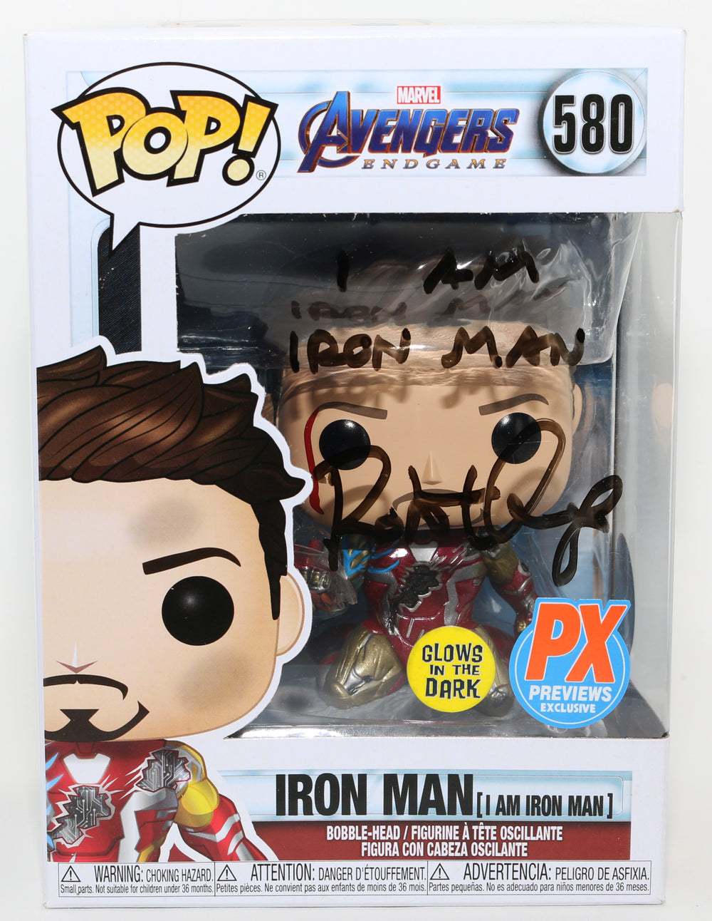 Robert Downey Jr. as Iron Man in Avengers: Endgame GITD Previews Exclusive (SWAU) Signed Funko POP! #580 with Quote