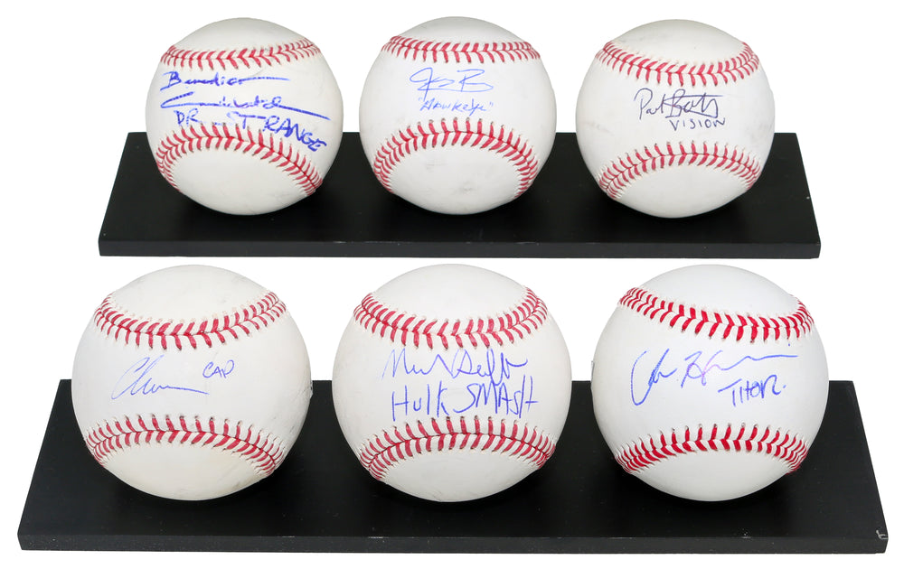 Marvel Actors: Benedict Cumberbatch, Jeremy Renner, Paul Bettany, Chris Evans, Mark Ruffalo, & Chris Hemsworth 6pc Set of Official MLB & Australian Baseballs with Character Names