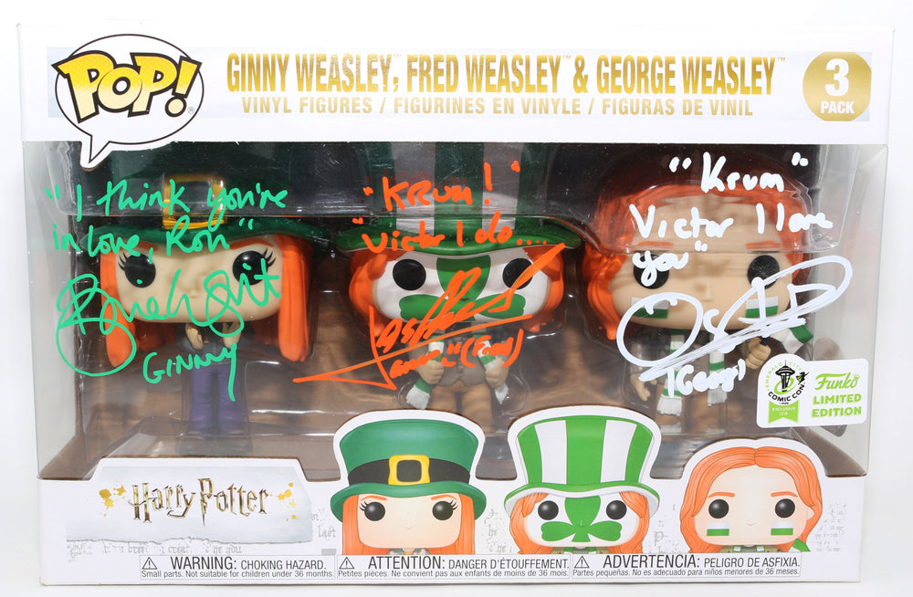 Bonnie Wright as Ginny Weasley, Oliver Phelps as George Weasley, & James Phelps as Fred Weasley in Harry Potter and the Goblet of Fire 2019 Emerald City Comic Con Exclusive (JSA/SWAU) Signed Funko POP! 3 Pack with Character Names & Quotes