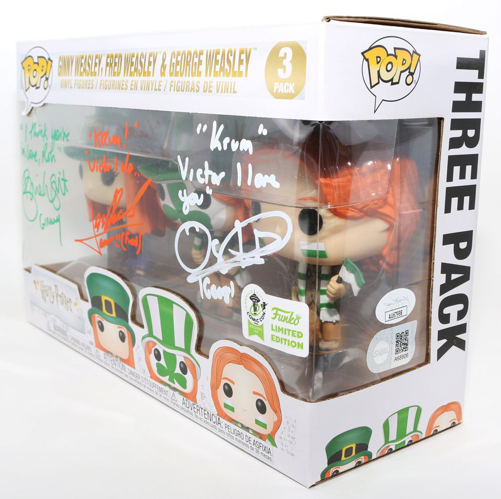 
                  
                    Bonnie Wright as Ginny Weasley, Oliver Phelps as George Weasley, & James Phelps as Fred Weasley in Harry Potter and the Goblet of Fire 2019 Emerald City Comic Con Exclusive (JSA/SWAU) Signed Funko POP! 3 Pack with Character Names & Quotes
                  
                