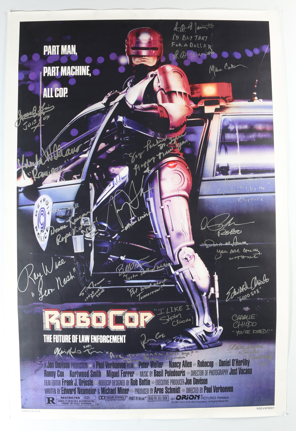 RoboCop 27x40 Poster Cast Signed by Peter Weller, Nancy Allen, Ray Wise, Bill Farmer, Kurtwood Smith,, Gary Combs, SD Nemeth, Mark Carlton, Scott Thomson, Kevin Kutchaver, Diane Robin, Sage Parker, Yolanda Williams, Ronny Cox, Jesse Goins, & More