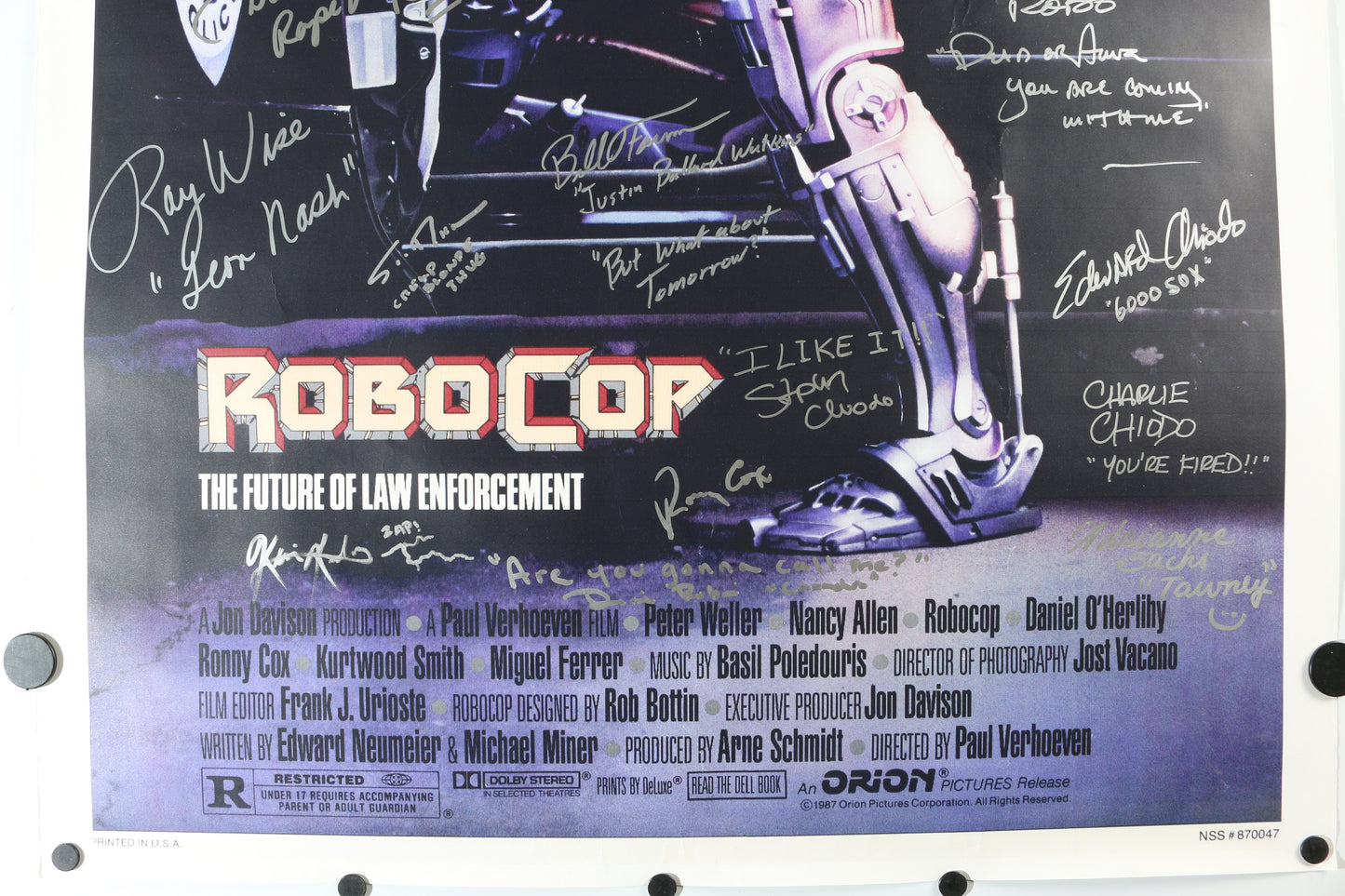 
                  
                    RoboCop 27x40 Poster Cast Signed by Peter Weller, Nancy Allen, Ray Wise, Bill Farmer, Kurtwood Smith,, Gary Combs, SD Nemeth, Mark Carlton, Scott Thomson, Kevin Kutchaver, Diane Robin, Sage Parker, Yolanda Williams, Ronny Cox, Jesse Goins, & More
                  
                