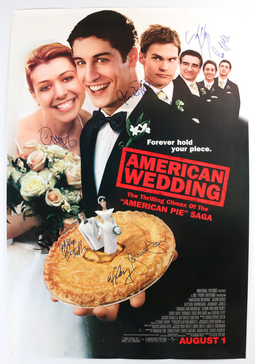 American Wedding 27x40 Poster Cast Signed by Jason Biggs, Alyson Hannigan, Seann William Scott, Eddie Kaye Thomas, Eugene Levy, Thomas Ian Nicholas, & January Jones