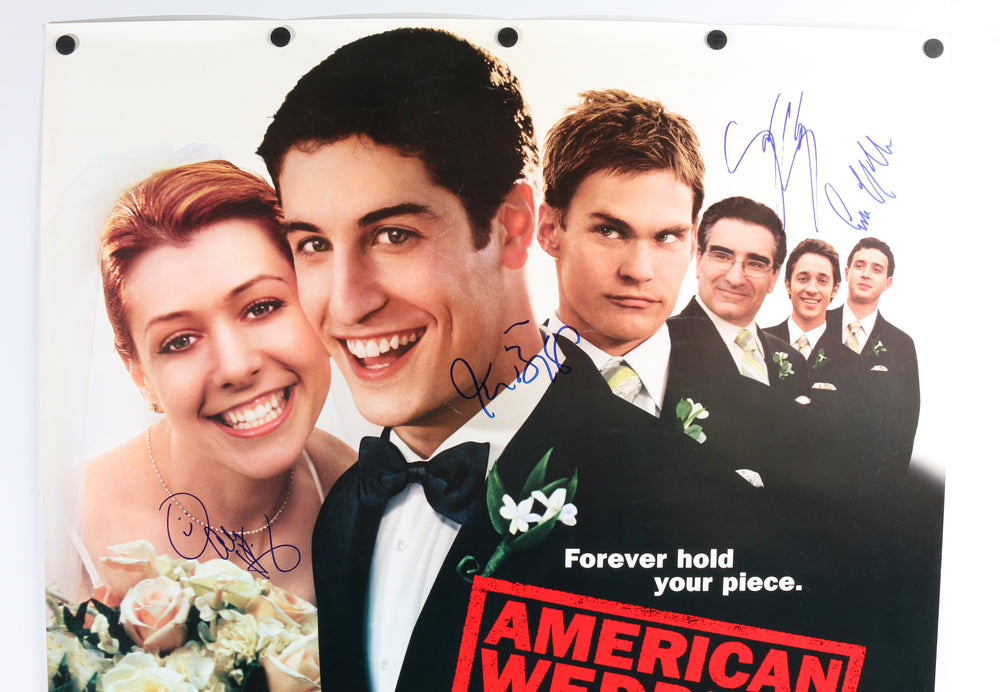 
                  
                    American Wedding 27x40 Poster Cast Signed by Jason Biggs, Alyson Hannigan, Seann William Scott, Eddie Kaye Thomas, Eugene Levy, Thomas Ian Nicholas, & January Jones
                  
                