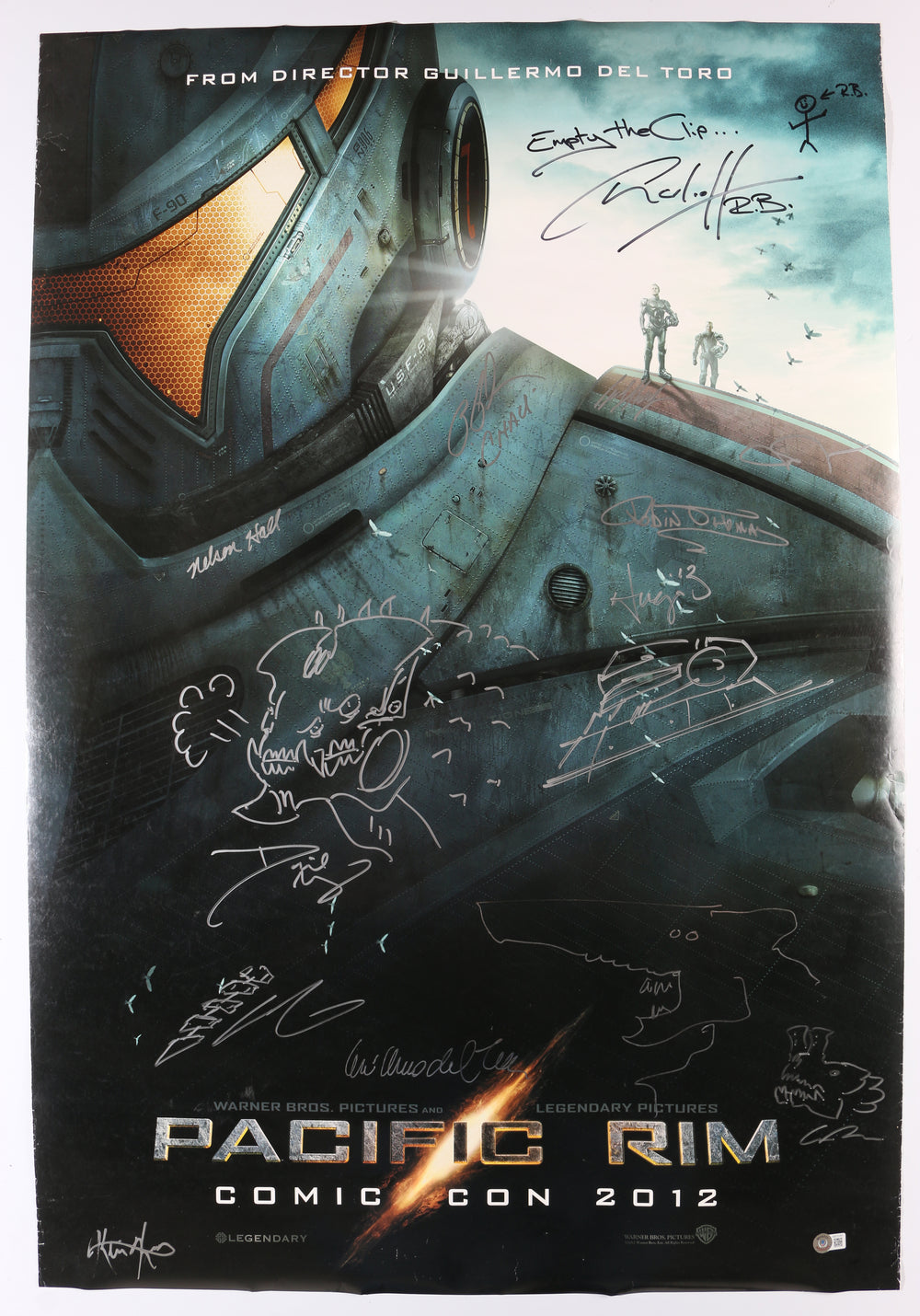 Pacific Rim 27x39.5 Poster Cast Signed by Director Guillermo Del Toro with Sketch Art, Hugo Martin, David Meng, Charlie Hunnam, Ron Perlman, Robin Thomas, John Giang, Guy Davis, John Rosengrant, Trevor Hensley, Nelson Hall, & Kevin Kutchaver