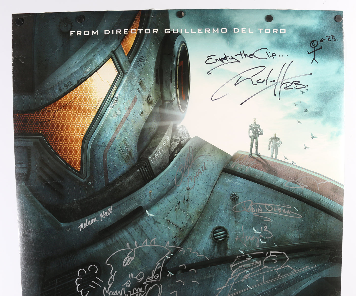 
                  
                    Pacific Rim 27x39.5 Poster Cast Signed by Director Guillermo Del Toro with Sketch Art, Hugo Martin, David Meng, Charlie Hunnam, Ron Perlman, Robin Thomas, John Giang, Guy Davis, John Rosengrant, Trevor Hensley, Nelson Hall, & Kevin Kutchaver
                  
                