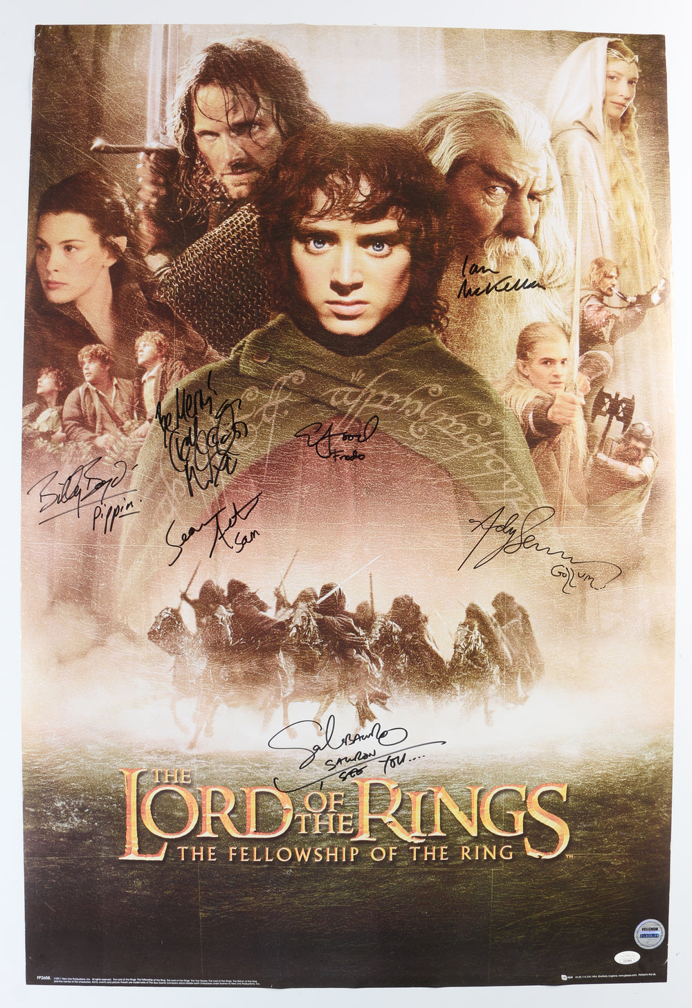 The Lord of the Rings: The Fellowship of the Ring (JSA) 24x36 Poster Cast Signed by Ian McKellen, Elijah Wood, Sean Astin, Billy Boyd, Dominic Monaghan, Andy Serkis, & Sala Baker with Character Names
