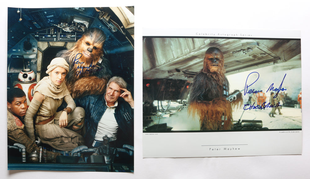Peter Mayhew as Chewbacca in Star Wars: The Force Awakens Signed 11x14 Photo 2pc LOT