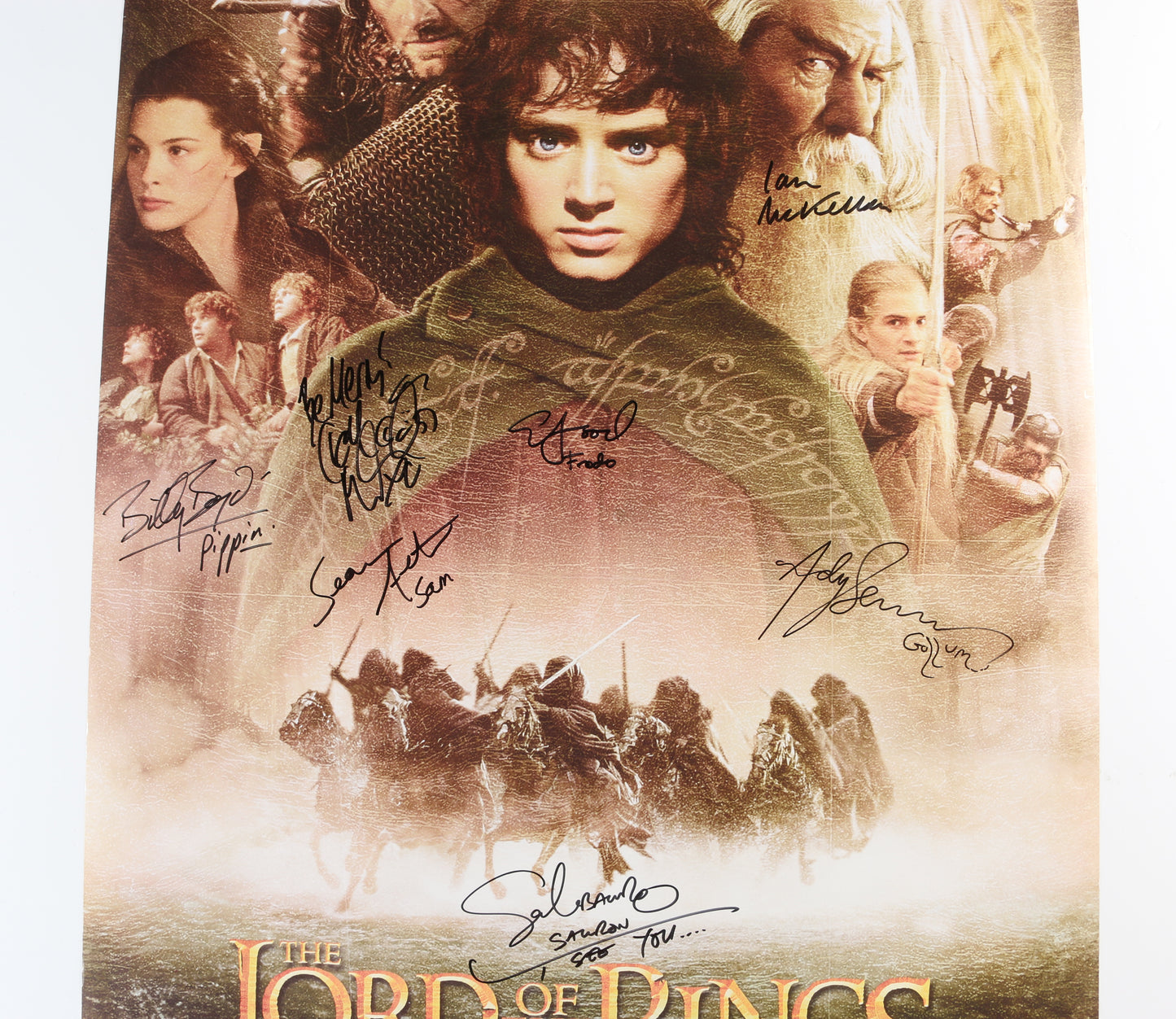 
                  
                    The Lord of the Rings: The Fellowship of the Ring (JSA) 24x36 Poster Cast Signed by Ian McKellen, Elijah Wood, Sean Astin, Billy Boyd, Dominic Monaghan, Andy Serkis, & Sala Baker with Character Names
                  
                