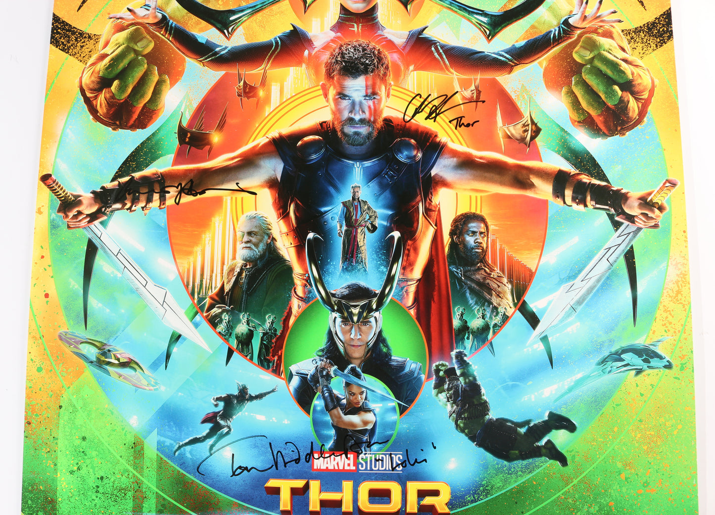 
                  
                    Thor: Ragnarok 27x40 Poster Cast Signed by Chris Hemsworth, Anthony Hopkins, Mark Ruffalo & Tom Hiddleston with Character Names & Quote
                  
                