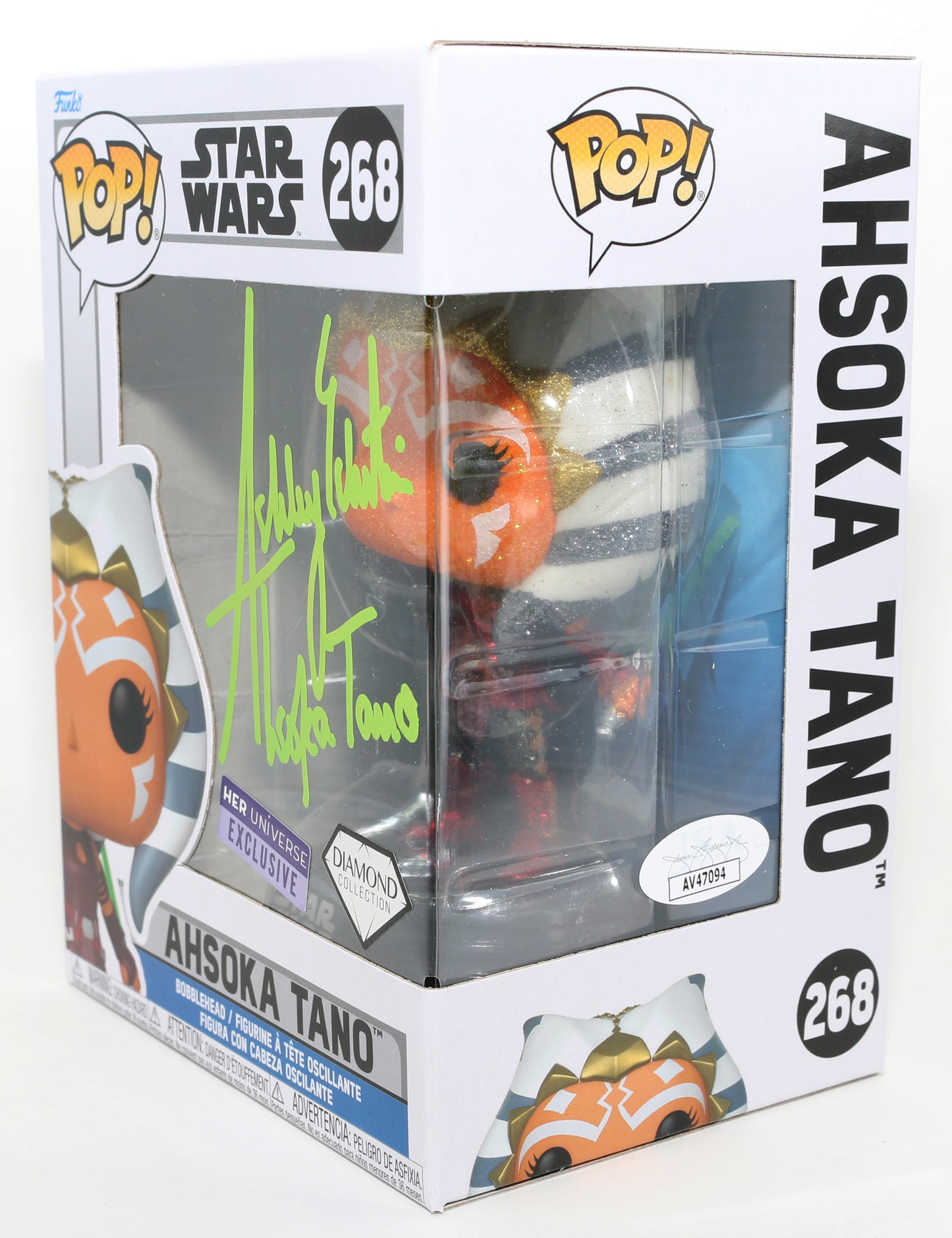 
                  
                    Ashley Eckstein as Ahsoka Tano [Green Lightsaber] in Star Wars: The Clone Wars Her Universe Diamond Exclusive (JSA) Signed Funko POP! #268 with Character Name
                  
                