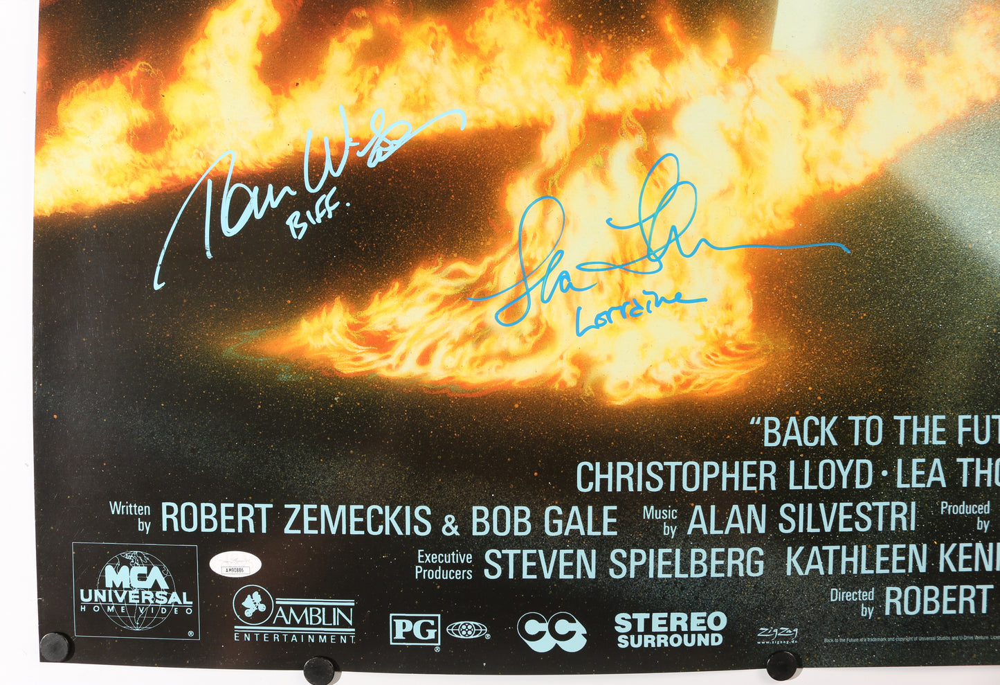 
                  
                    Back to the Future (JSA) 27x40 Poster Cast Signed by Michael J. Fox, Christopher Lloyd, Lea Thompson, & Tom Wilson with Character Names
                  
                