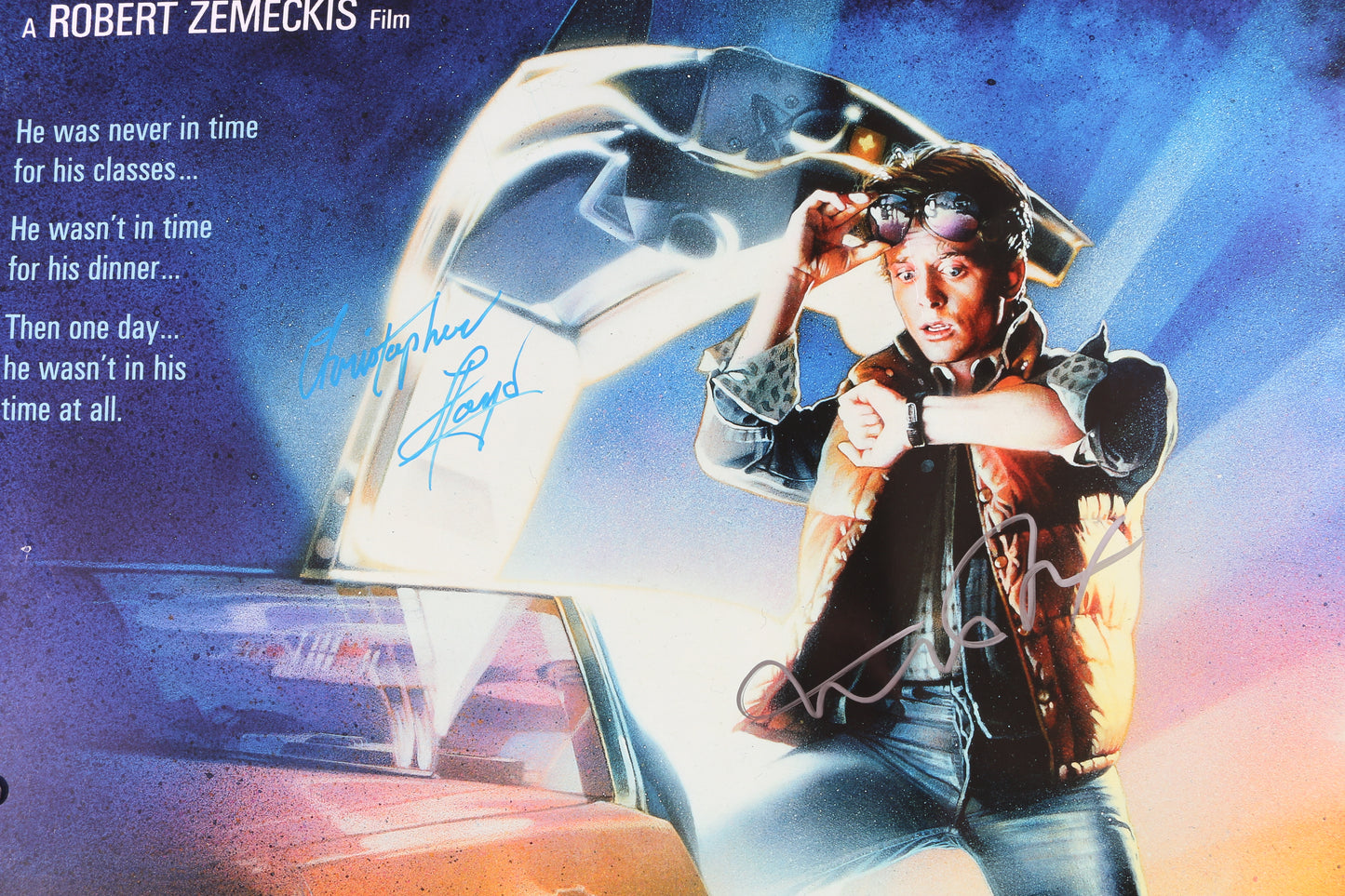 
                  
                    Back to the Future (JSA) 27x40 Poster Cast Signed by Michael J. Fox, Christopher Lloyd, Lea Thompson, & Tom Wilson with Character Names
                  
                
