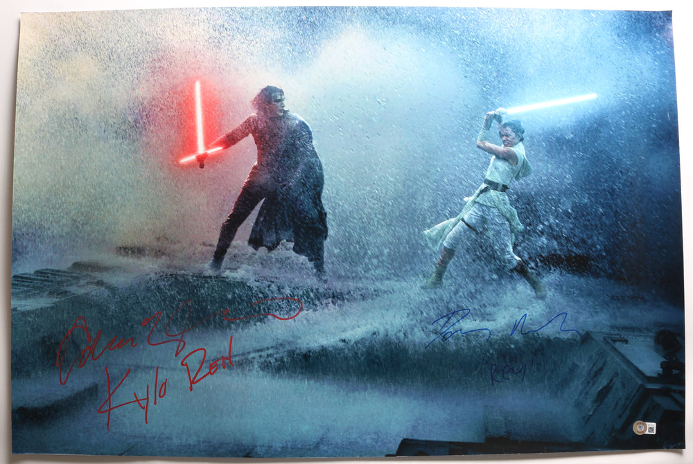 Daisy Ridley as Rey vs. Adam Driver as Kylo Ren in Star Wars: The Rise of Skywalker (Beckett Witnessed) Signed 30x20 Poster with Character Names