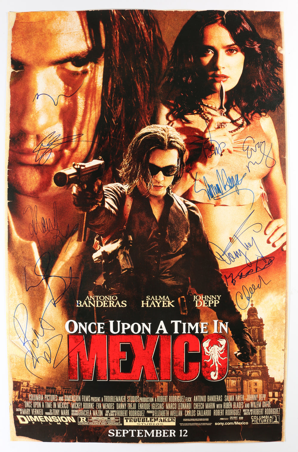 Once Upon a Time in Mexico 24.5x38 Poster Cast Signed by Johnny Depp, Antonio Banderas, Salma Hayek, Willem Dafoe, Mickey Rourke, Eva Mendes, Danny Trejo, Enrique Iglesias, Cheech Marin, Marco Leonardi, & Director: Robert Rodriguez