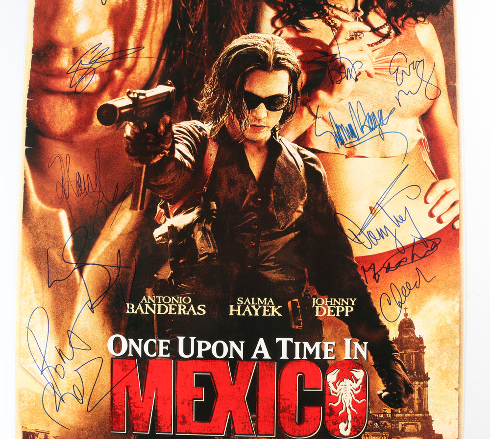 
                  
                    Once Upon a Time in Mexico 24.5x38 Poster Cast Signed by Johnny Depp, Antonio Banderas, Salma Hayek, Willem Dafoe, Mickey Rourke, Eva Mendes, Danny Trejo, Enrique Iglesias, Cheech Marin, Marco Leonardi, & Director: Robert Rodriguez
                  
                