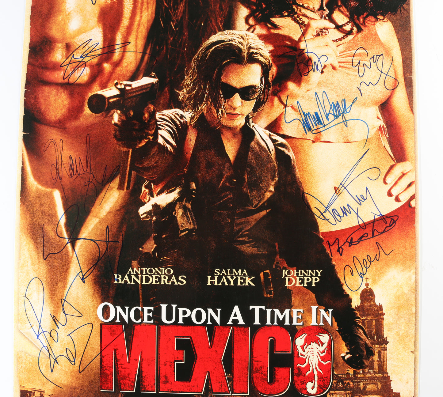 
                  
                    Once Upon a Time in Mexico 24.5x38 Poster Cast Signed by Johnny Depp, Antonio Banderas, Salma Hayek, Willem Dafoe, Mickey Rourke, Eva Mendes, Danny Trejo, Enrique Iglesias, Cheech Marin, Marco Leonardi, & Director: Robert Rodriguez
                  
                