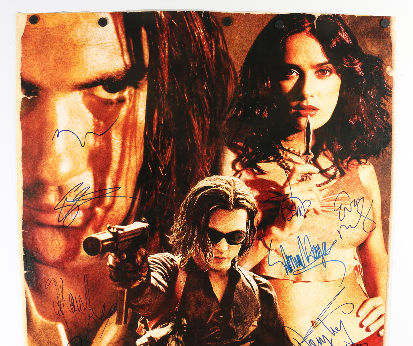 
                  
                    Once Upon a Time in Mexico 24.5x38 Poster Cast Signed by Johnny Depp, Antonio Banderas, Salma Hayek, Willem Dafoe, Mickey Rourke, Eva Mendes, Danny Trejo, Enrique Iglesias, Cheech Marin, Marco Leonardi, & Director: Robert Rodriguez
                  
                
