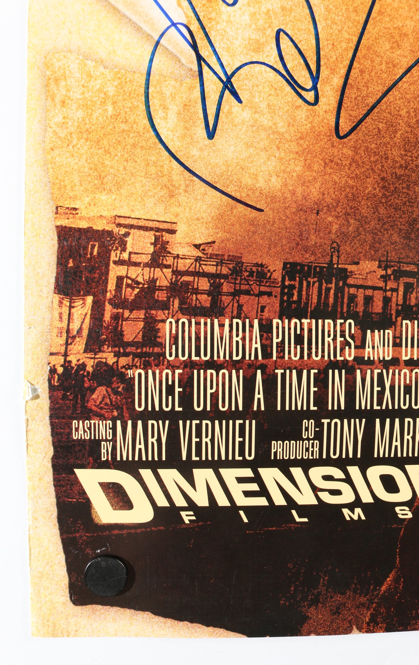 
                  
                    Once Upon a Time in Mexico 24.5x38 Poster Cast Signed by Johnny Depp, Antonio Banderas, Salma Hayek, Willem Dafoe, Mickey Rourke, Eva Mendes, Danny Trejo, Enrique Iglesias, Cheech Marin, Marco Leonardi, & Director: Robert Rodriguez
                  
                