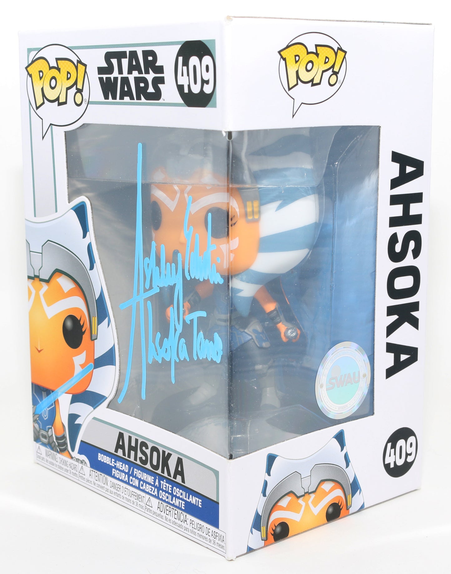 
                  
                    Ashley Eckstein as Ahsoka Tano [Blue Lightsaber] in Star Wars: The Clone Wars (SWAU) Signed Funko POP! #409 with Character Name
                  
                